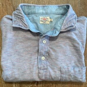 Faherty Medium Indigo Wash Polo with Coral Stripes